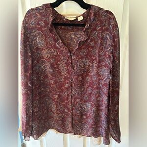 J. Jill Vintage Burgundy Paisley Blouse Ruffled trim around baby buttons. Size L